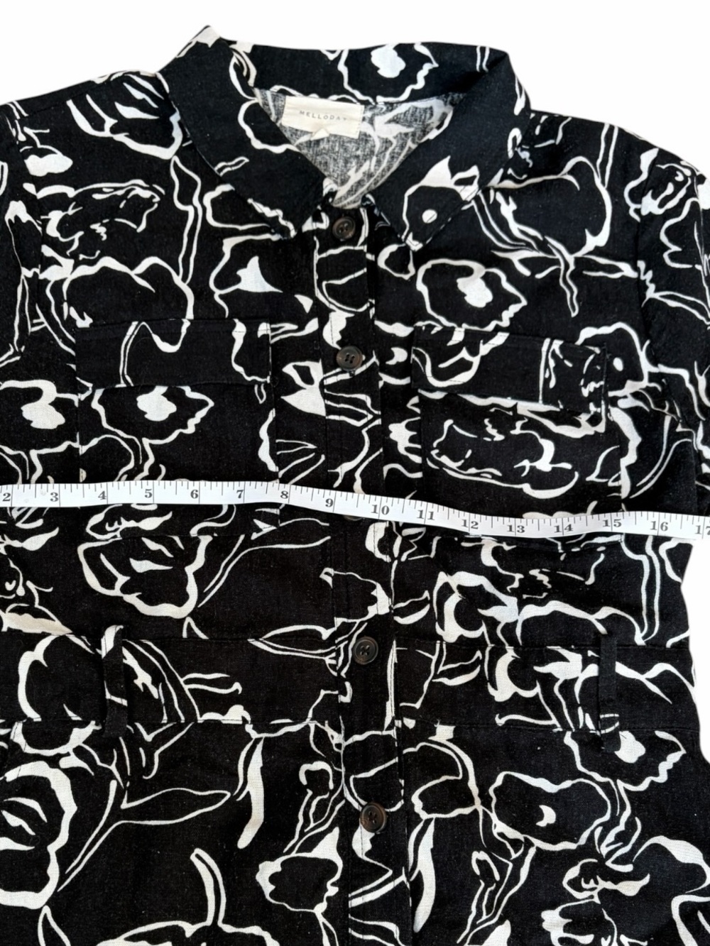 MELLODAY Black & White Floral Abstract Print Midi Shirt Rayon-Linen Blend Dress - Picture 7 of 11